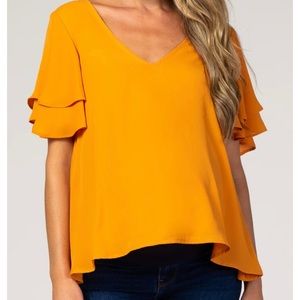 Gold Chiffon Ruffle Sleeve Top